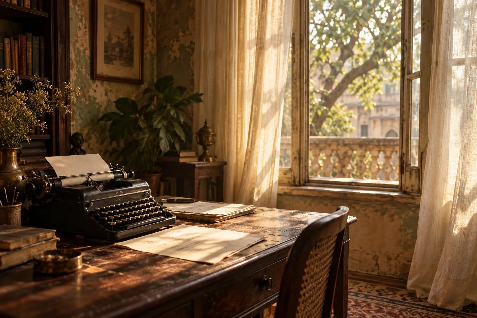 An imagined writer’s room, with a typewriter and manuscripts in warm window light
